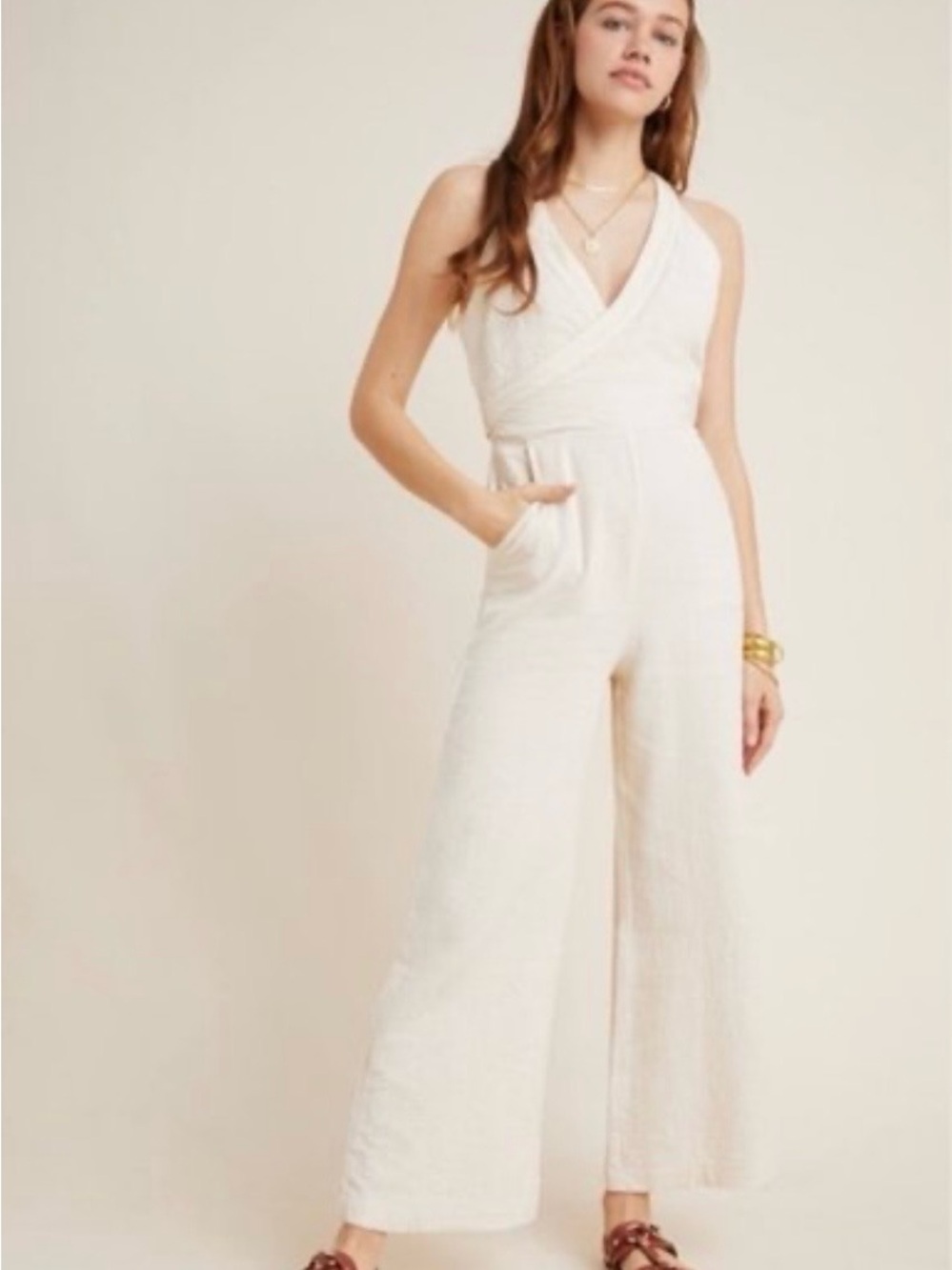 Anthropologie Demi Textured Cotton Wrap Jumpsuit Cream Size 14